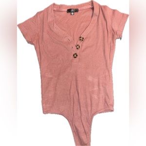 Misguided short sleeve sweater button down bodysuit pink ribbed